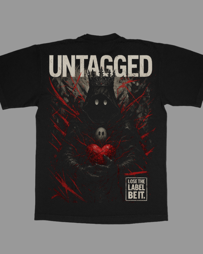 Black t-shirt with graphic design and text on a white background