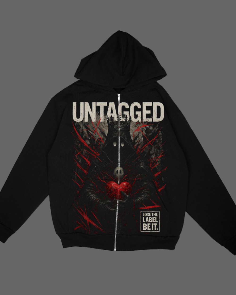 Black hoodie with graphic design and 'Untagged' text on a white background