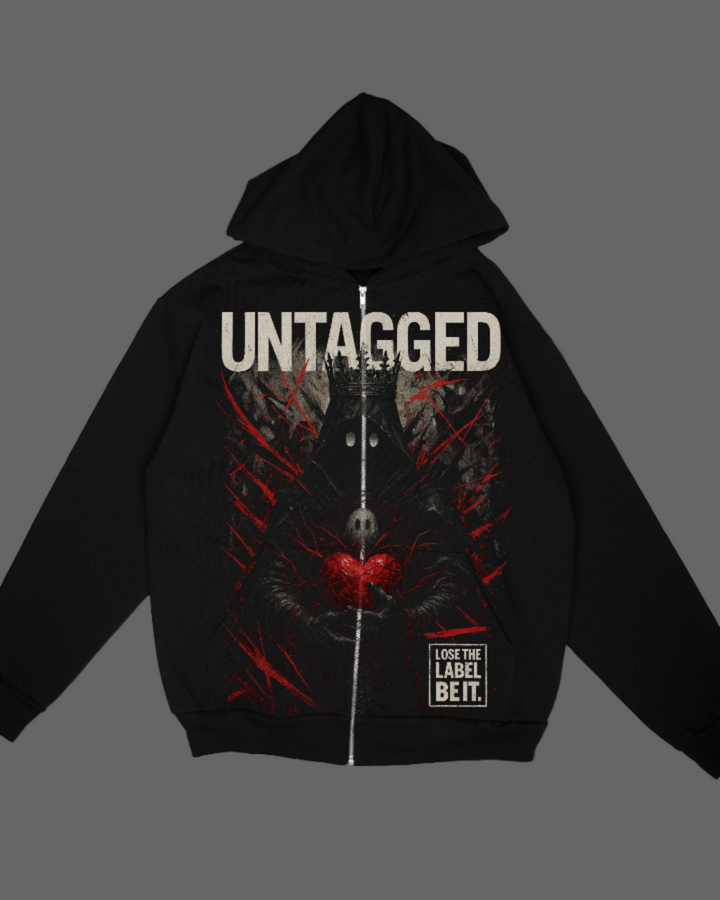 Black hoodie with graphic design and 'Untagged' text on a white background