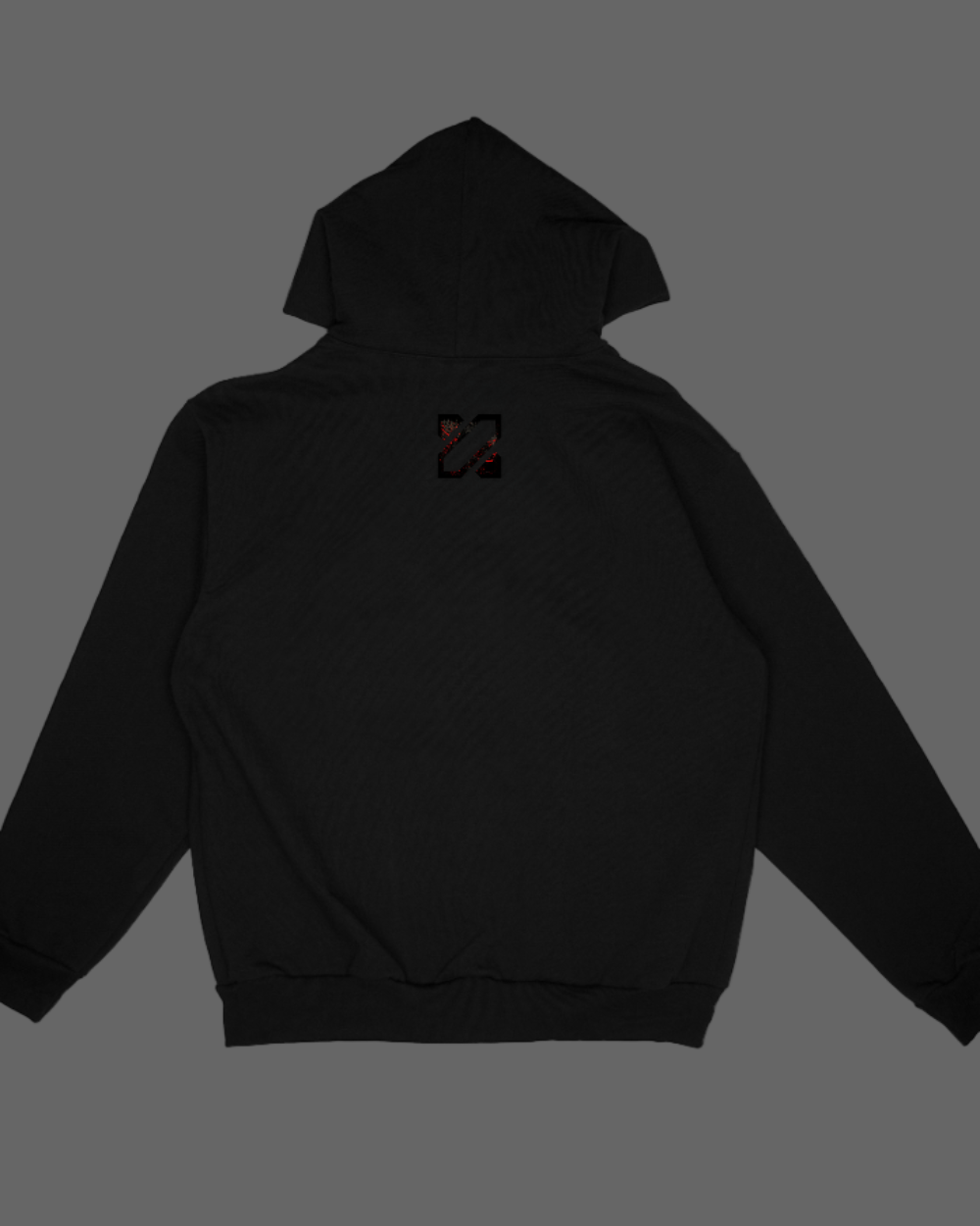 Black hoodie with a small logo on the back against a white background