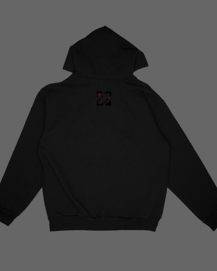 Black hoodie with a small logo on the back against a white background