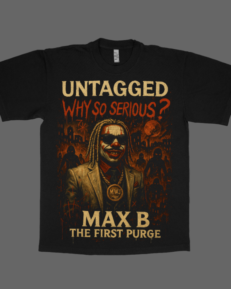 Black t-shirt with graphic design and text featuring a person in a suit and sunglasses, with 'Max B' / Coke Boys branding.