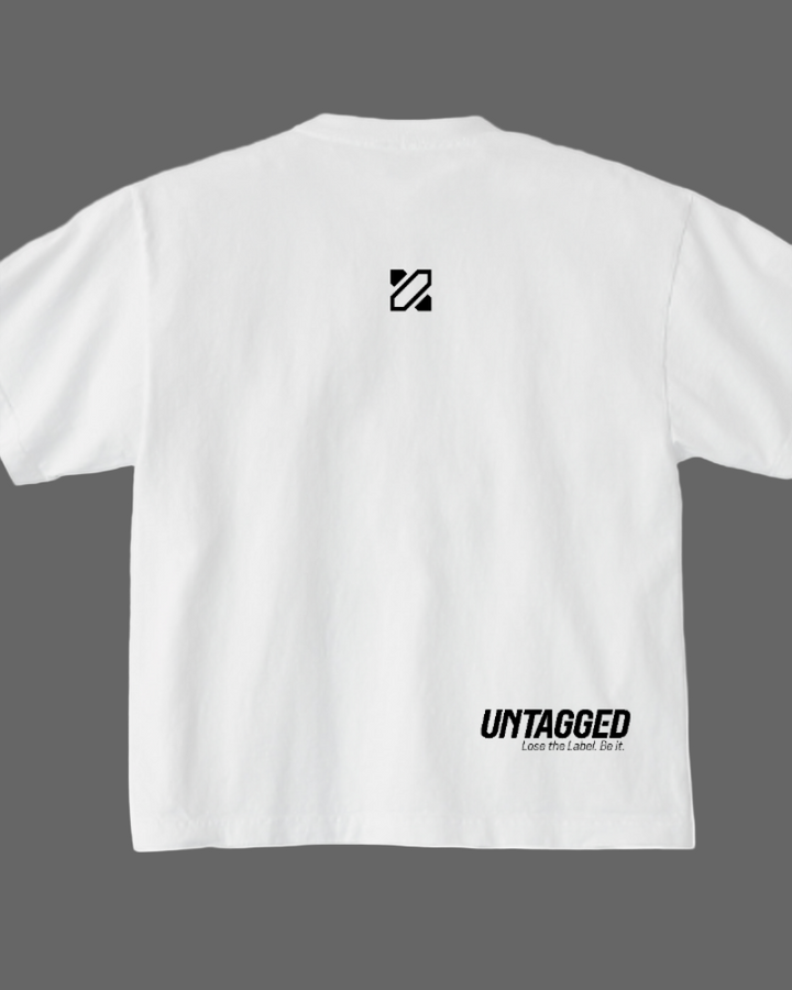 White t-shirt with black logo and text on a white background