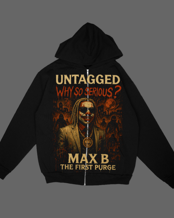 Black hoodie with graphic design and text on a white background