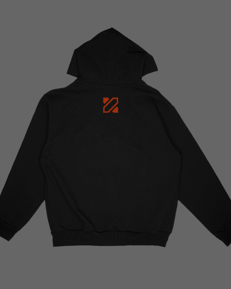 Black hoodie with a red logo on the back against a white background