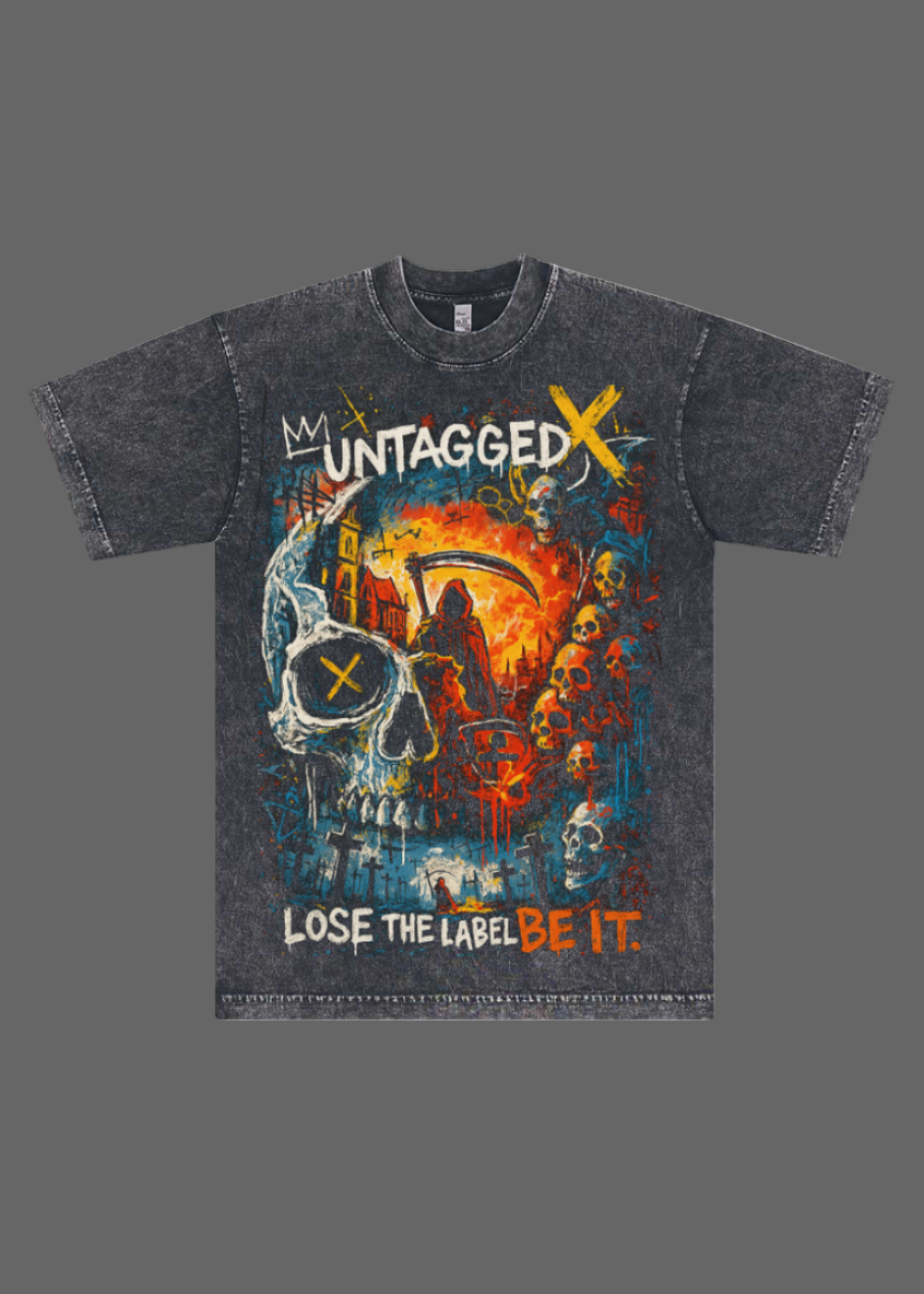 Black t-shirt with colorful graphic design and text on a white background