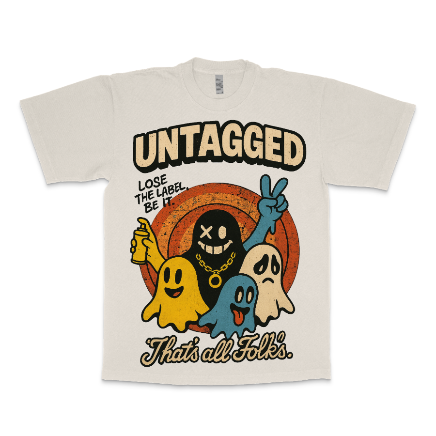 Beige t-shirt with cartoon ghosts and text on a white background