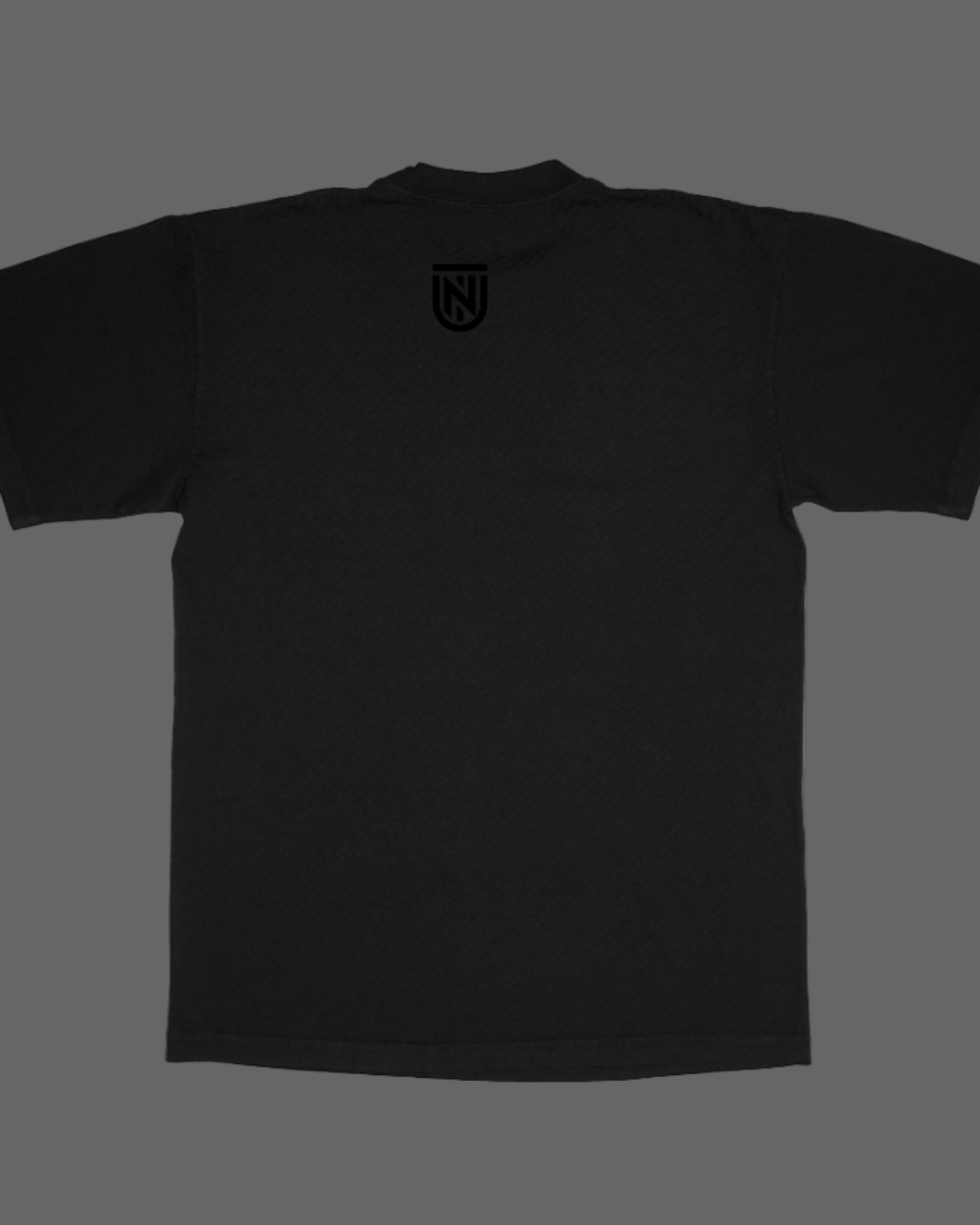 Black t-shirt with a small logo on the chest against a white background