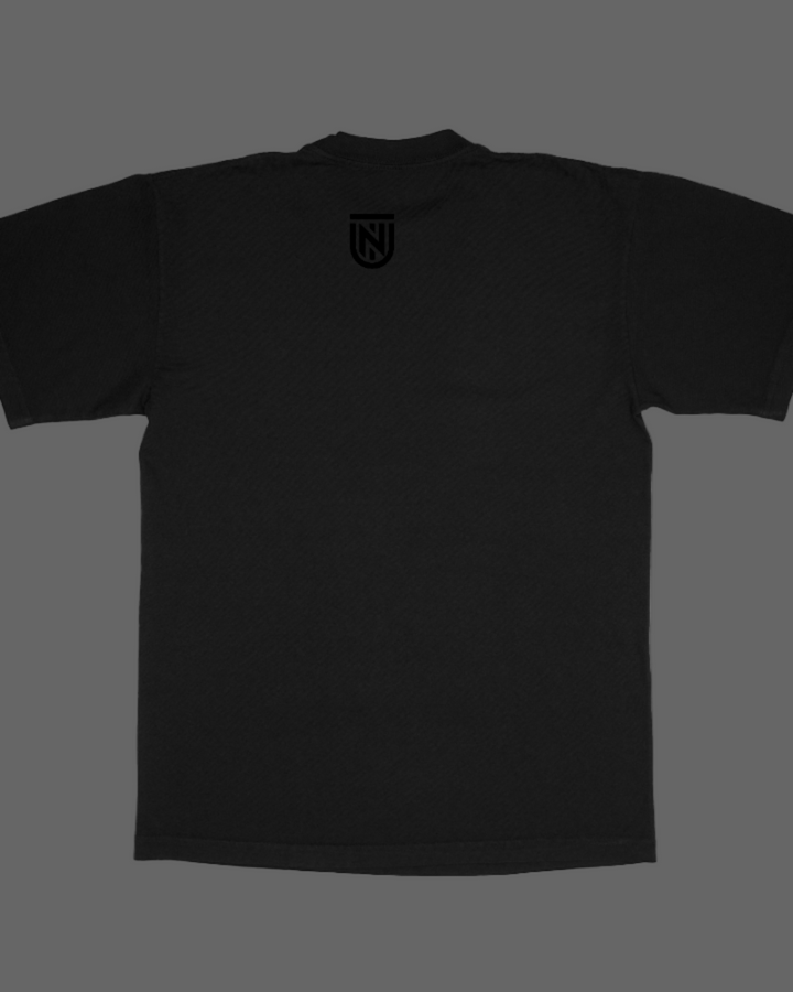 Black t-shirt with a small logo on the chest against a white background