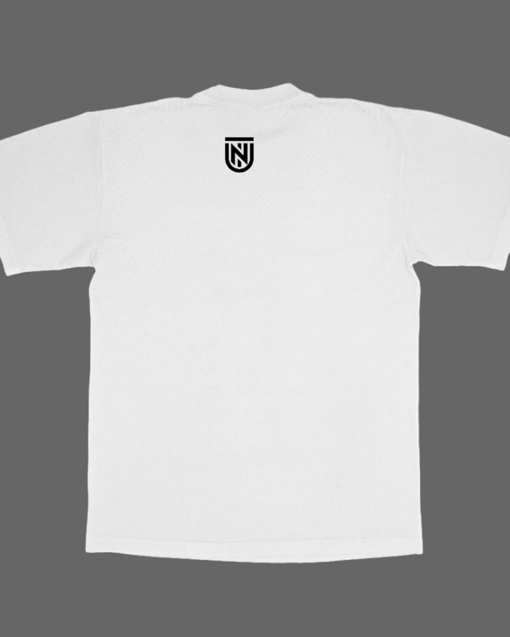 White t-shirt with a black logo on the chest against a white background
