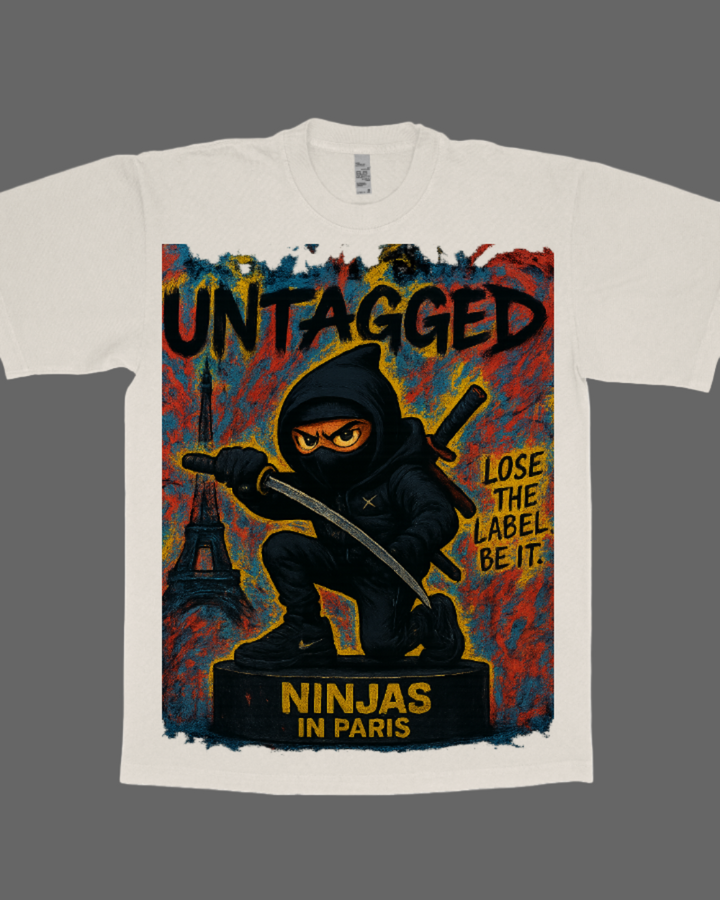 T-shirt with a graphic design of a ninja and text 'Untagged Ninjas in Paris' on a white background