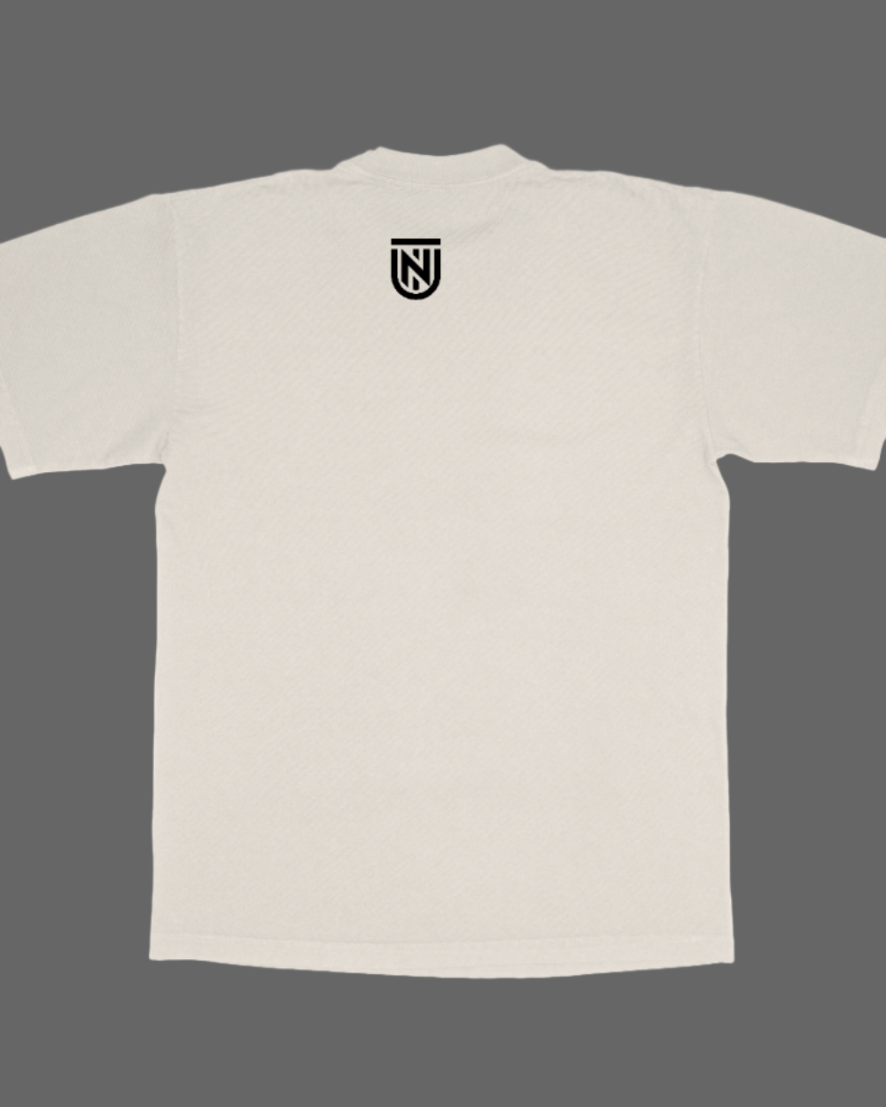 Beige t-shirt with a black logo on the chest against a white background