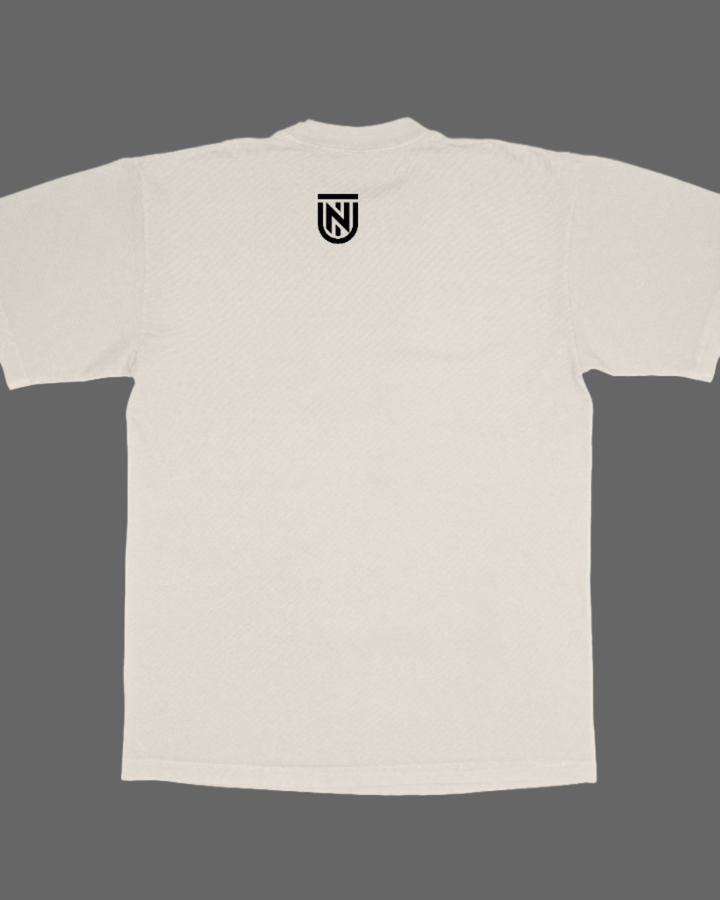 Beige t-shirt with a black logo on the chest against a white background