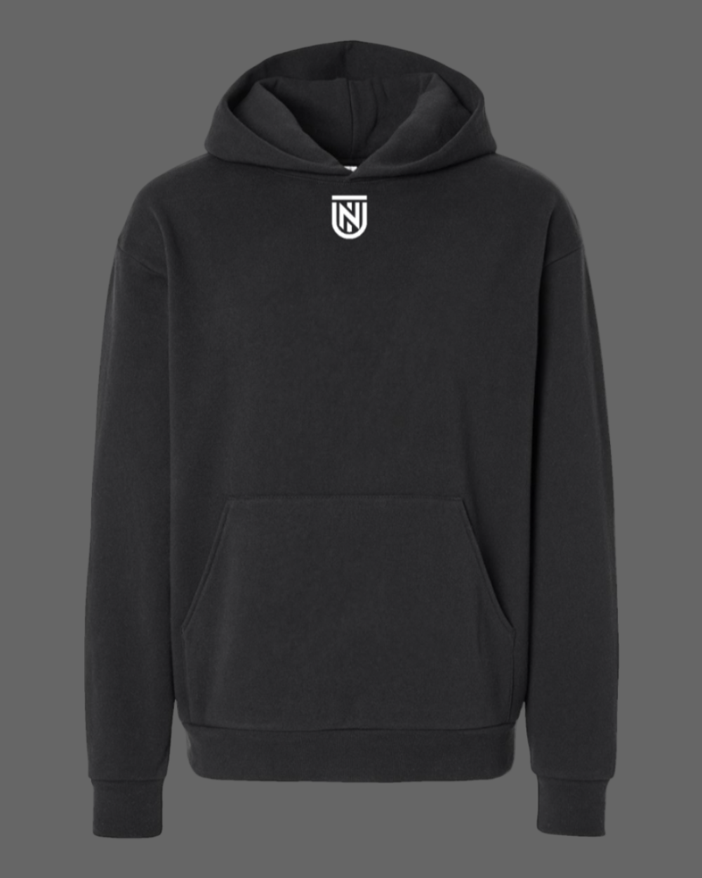 Black hoodie with a logo on the chest against a white background
