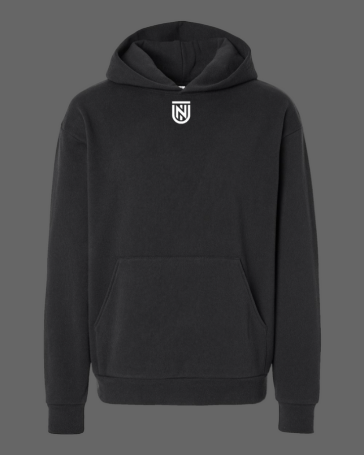 Black hoodie with a logo on the chest against a white background