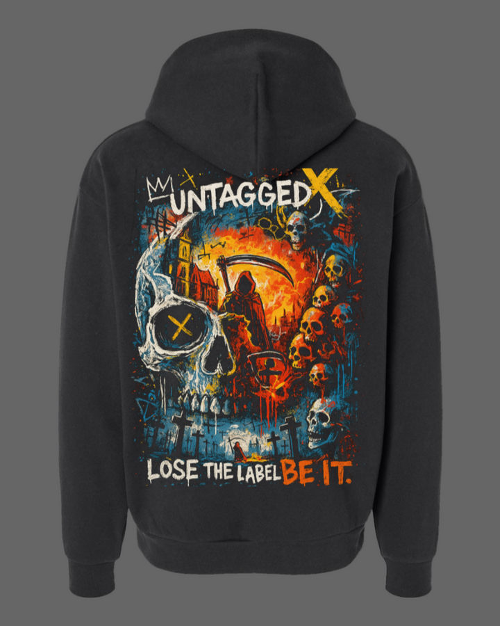 Black hoodie with a colorful graphic design on the back featuring skulls and text.