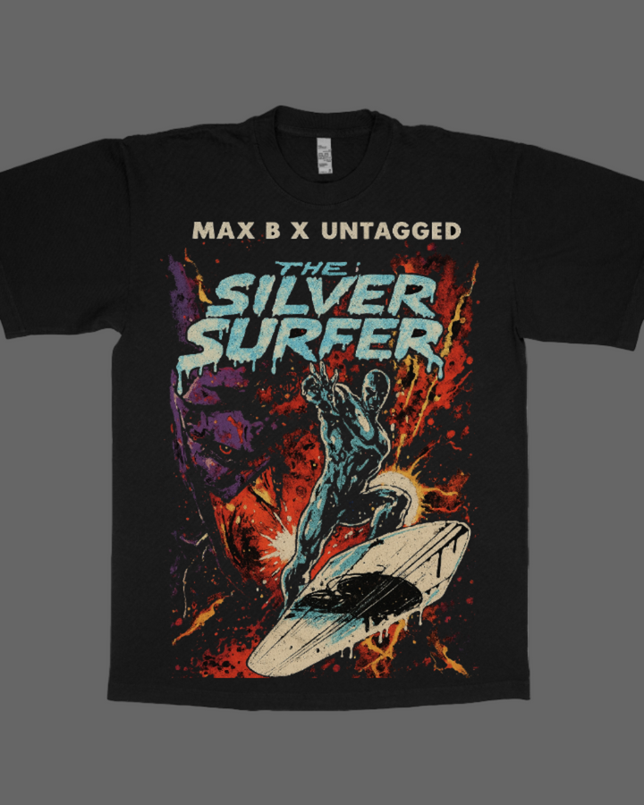Black t-shirt with 'The Silver Surfer' graphic design on a white background