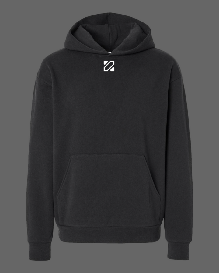 Black hoodie with a logo on a white background