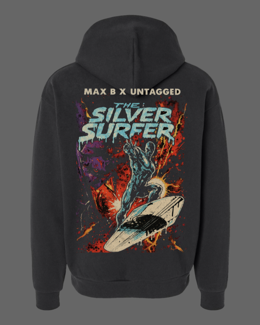 Black hoodie with 'The Silver Surfer' graphic on the back, featuring Max B x Untagged branding.