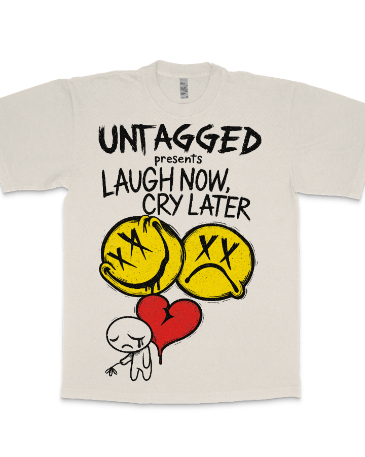 Beige t-shirt with graphic design and text 'Untagged presents Laugh Now, Cry Later' on a white background