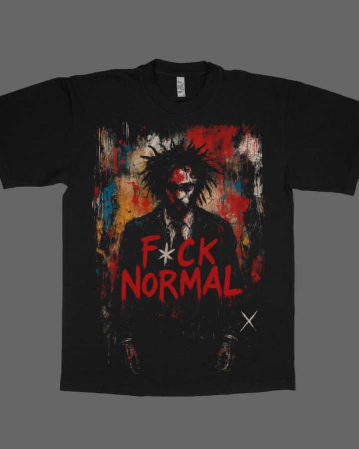 Black t-shirt with graphic design and text 'F*ck Normal' on a white background
