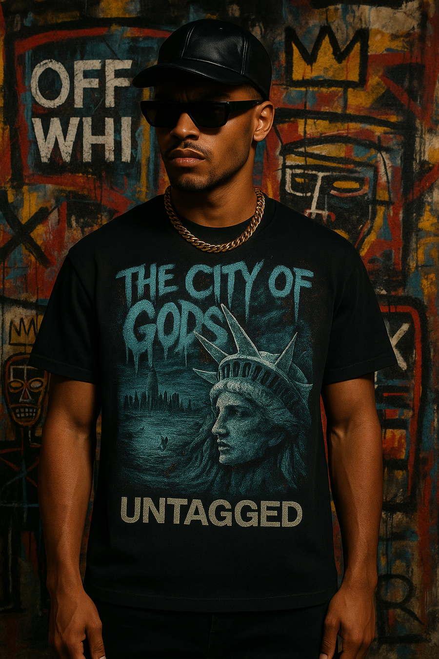Person wearing a black t-shirt with 'The City of Gods' graphic design in front of a colorful graffiti wall.