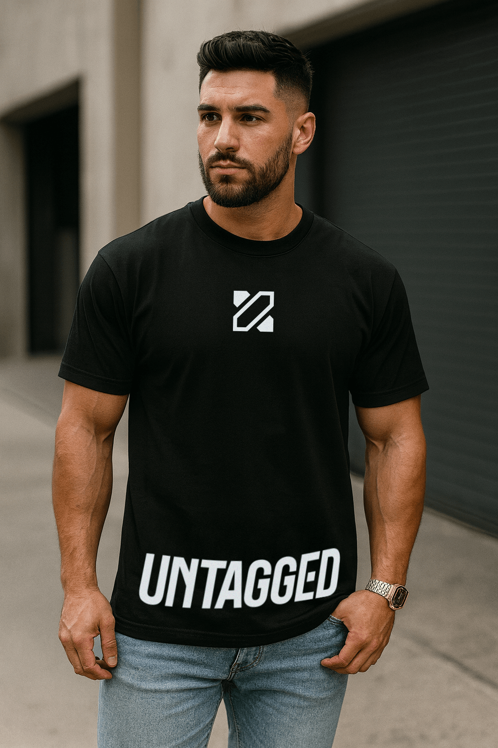 Man wearing a black t-shirt with 'UNTAGGED' text and logo.