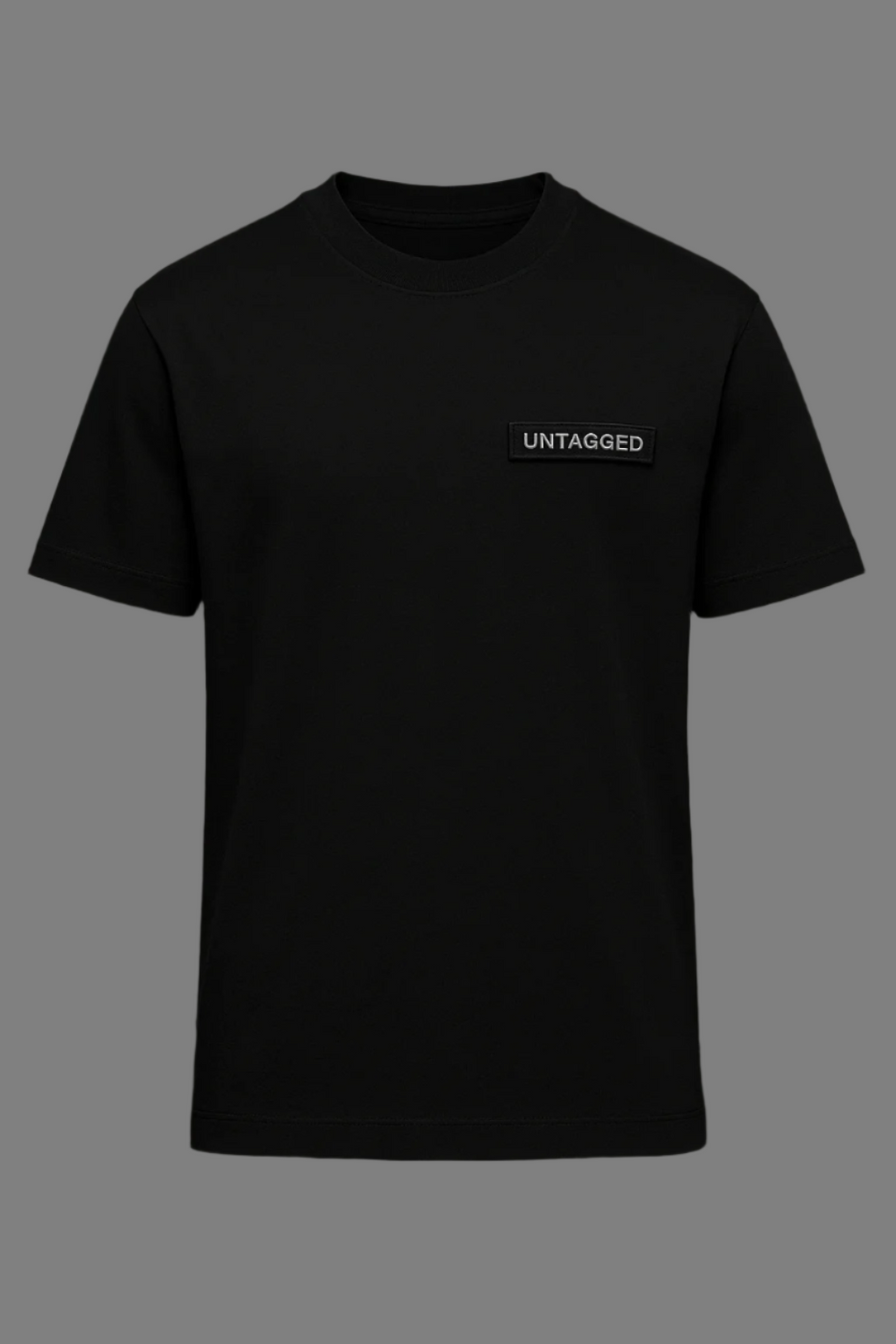 Black t-shirt with 'UNTAGGED' logo on a black background