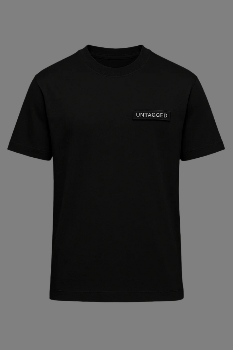 Black t-shirt with 'UNTAGGED' logo on a black background