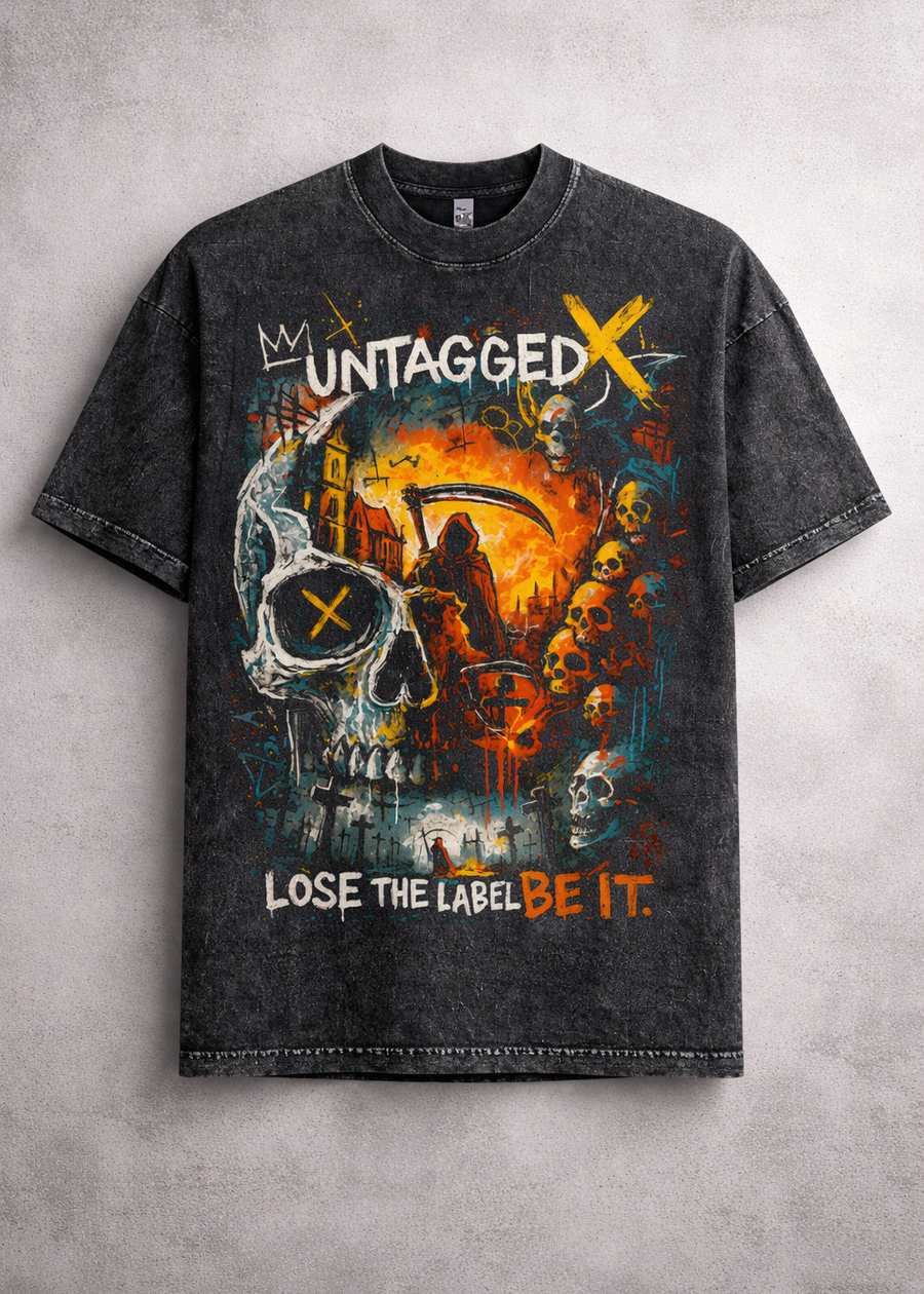 Black t-shirt with graphic design and text on a gray background