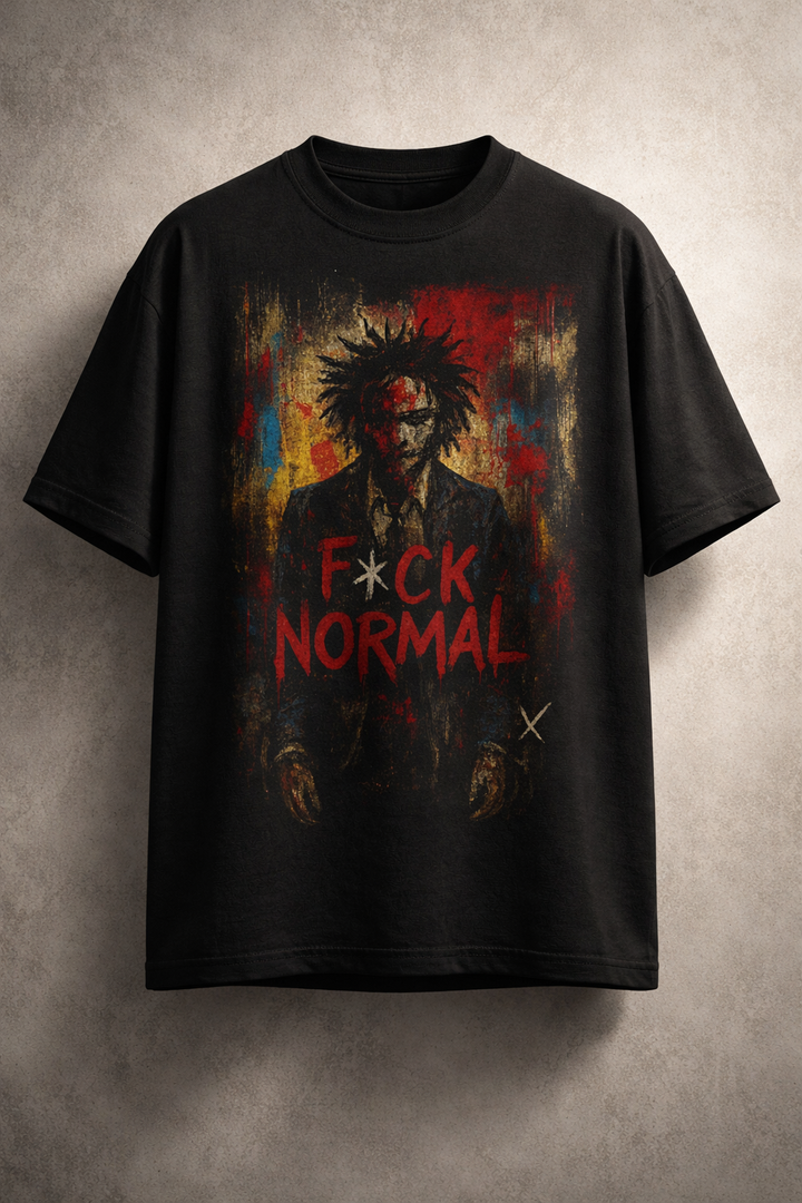 Black t-shirt with graphic design and text on a textured gray background