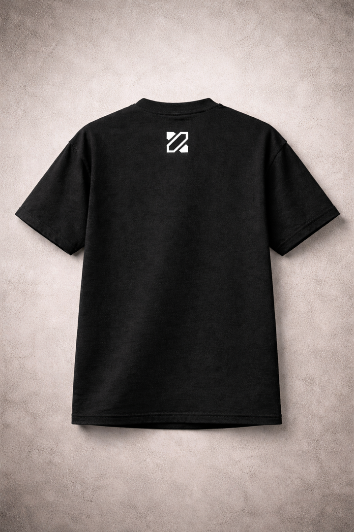 Black t-shirt with a white logo on the back against a textured beige background