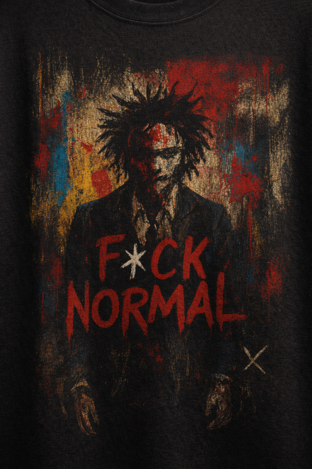 Black t-shirt with a graphic design of a person with an afro and the text 'F*CK NORMAL' on a dark background.