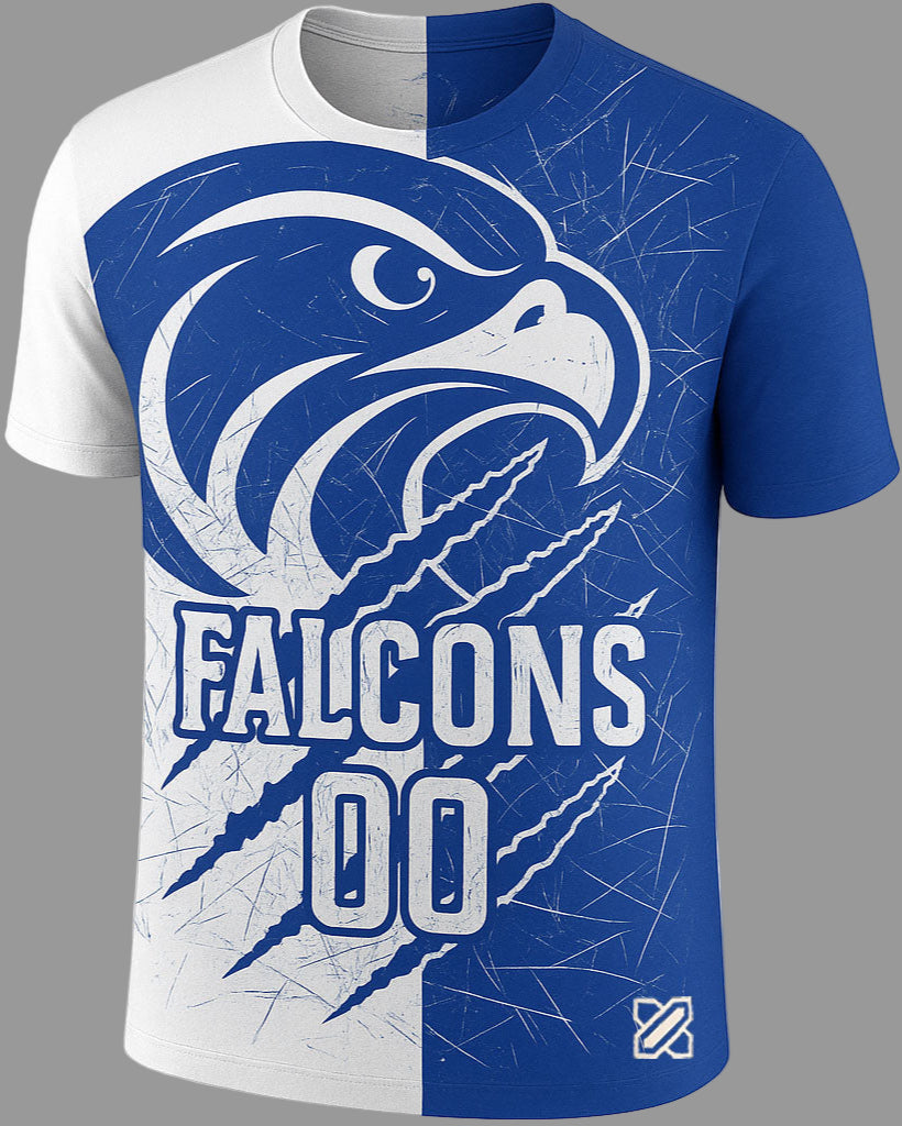 T-shirt with falcon logo and 'Falcons' text on a white and blue background