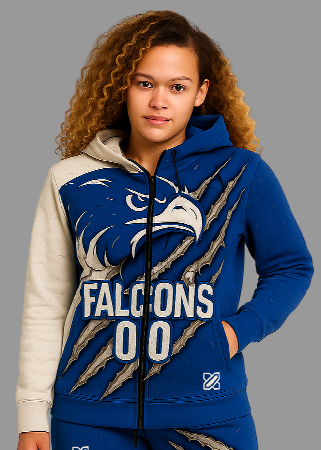 Person wearing a blue Falcons tracksuit with a white background