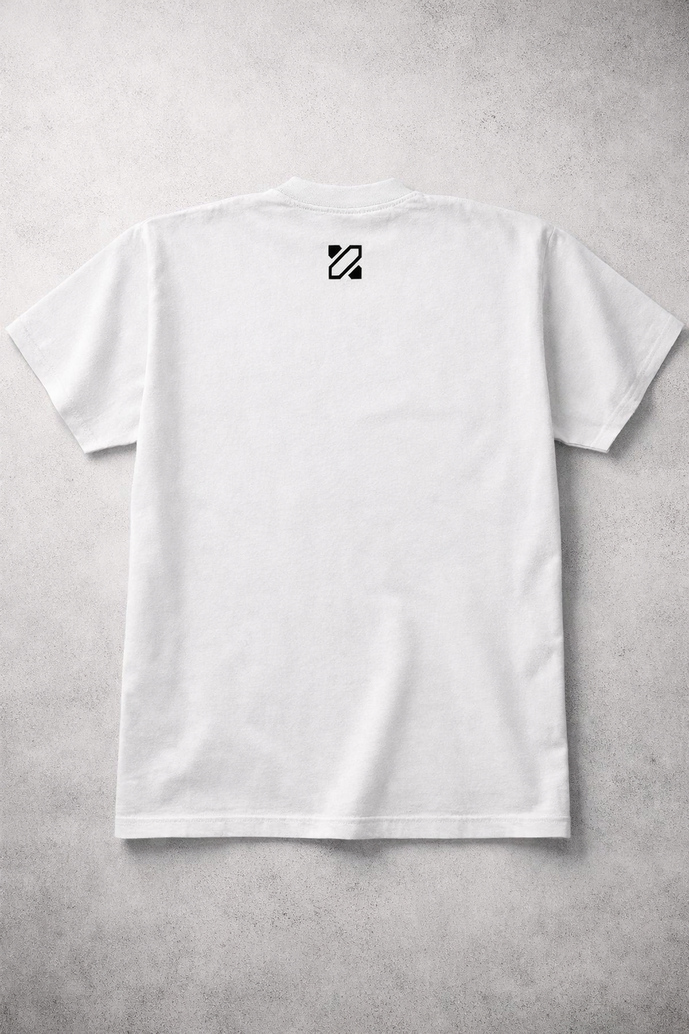 White t-shirt with a black logo on the chest against a gray background