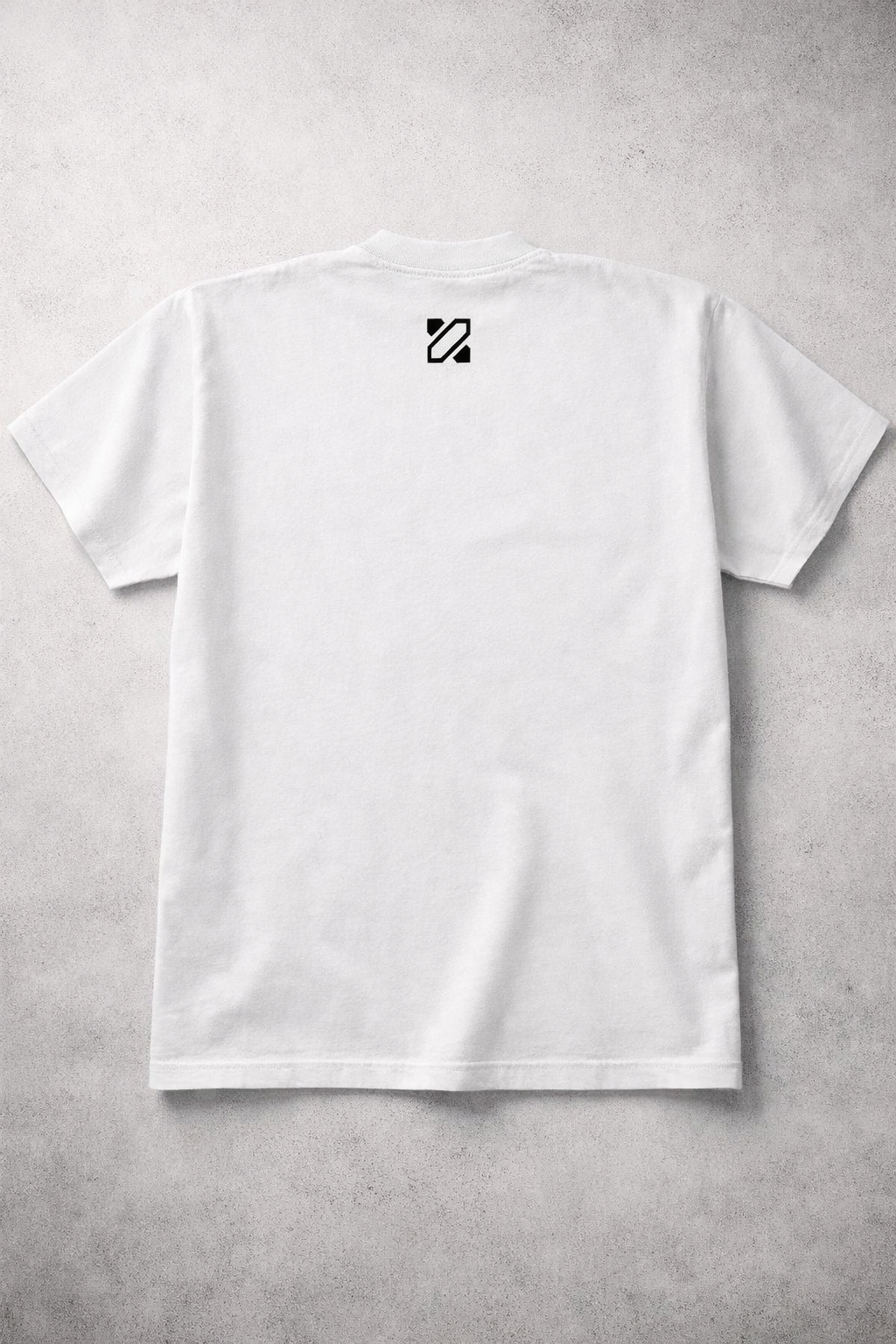 White t-shirt with a black logo on the chest against a gray background