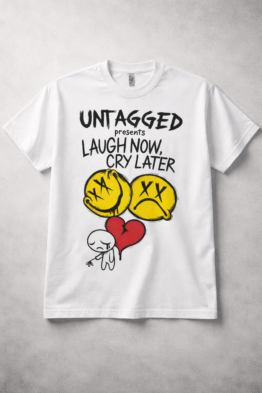 White t-shirt with graphic design and text on a gray background