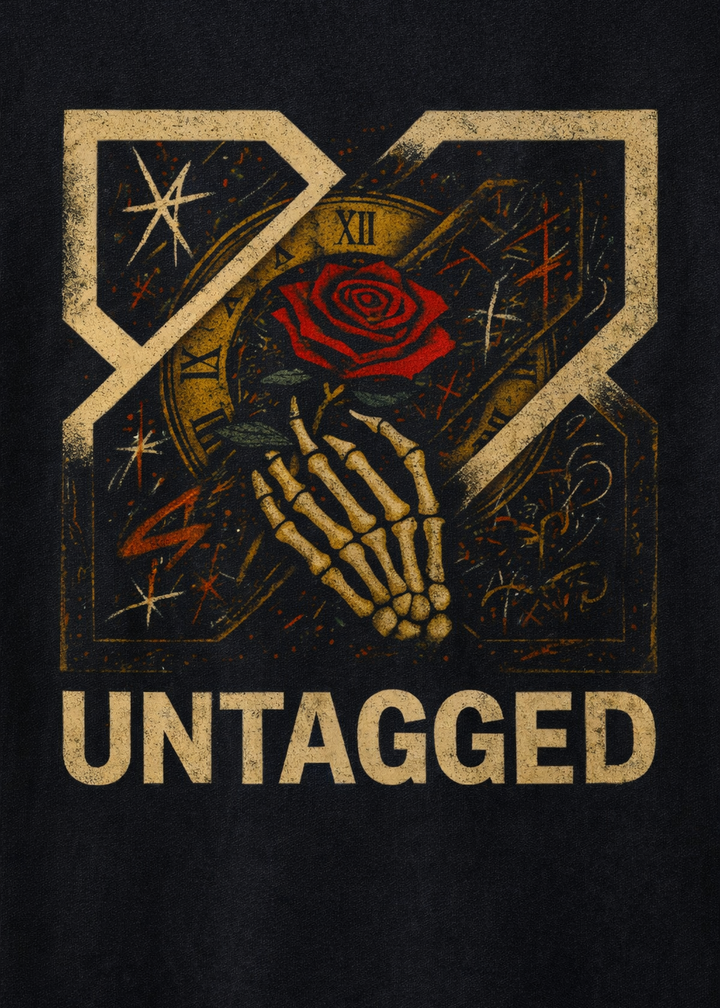 Black t-shirt with a skeleton hand holding a red rose design and 'UNTAGGED' text on a dark background.