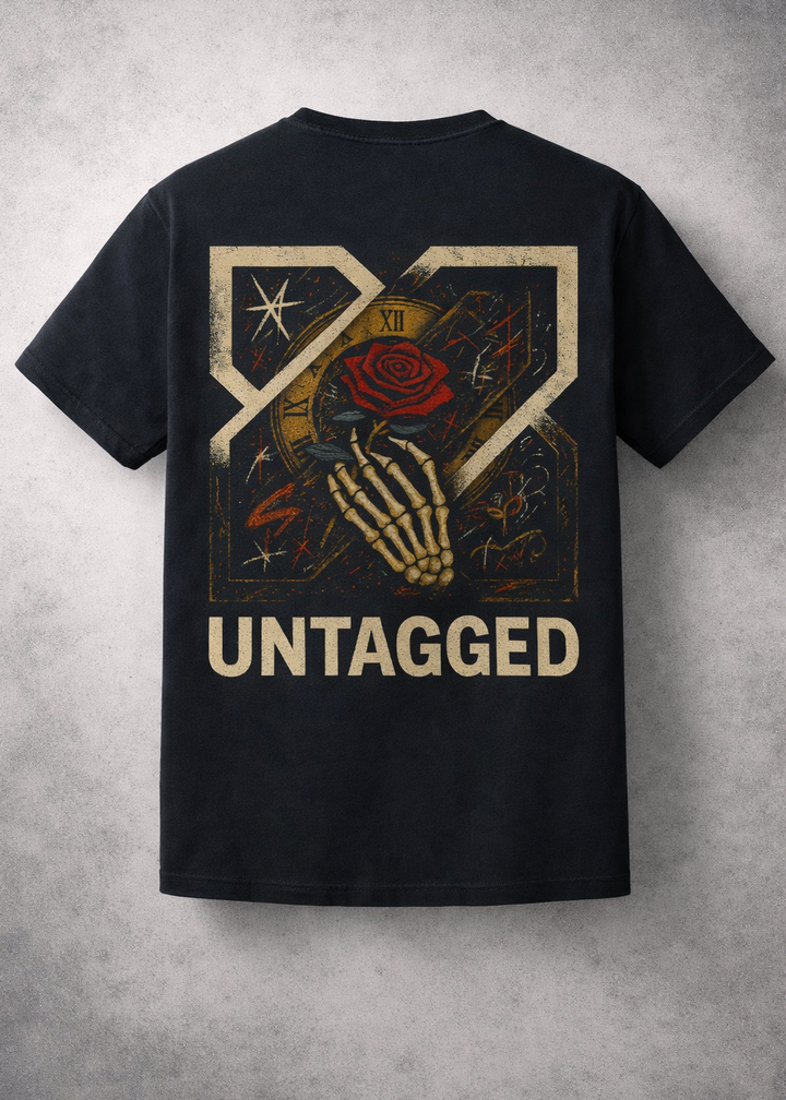 Black t-shirt with 'Untagged' design on a gray textured background