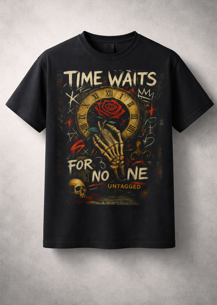 Black t-shirt with a graphic design featuring a skeleton hand, rose, and clock on a gray background.