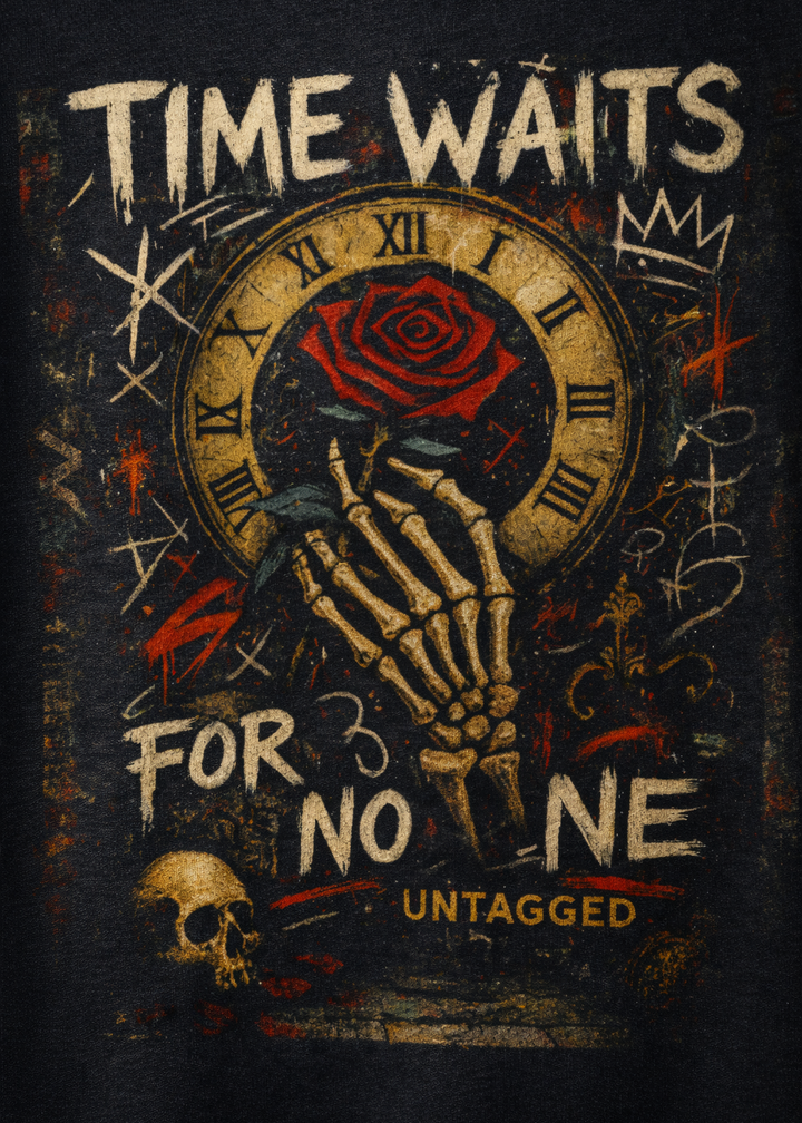 T-shirt with a skeleton hand holding a rose and clock design, text 'Time Waits For No One' on a dark background.