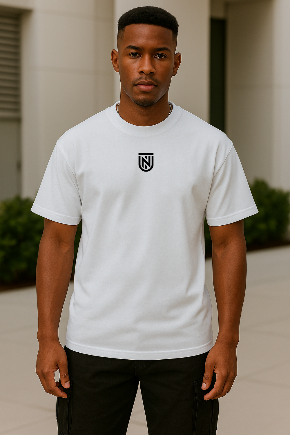 Man wearing a white t-shirt with a logo outdoors