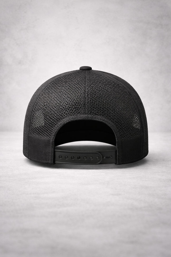 Black cap with mesh back on a light gray background