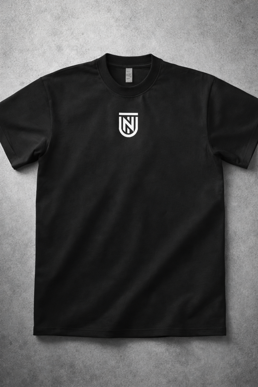 Black t-shirt with a white logo on a gray background