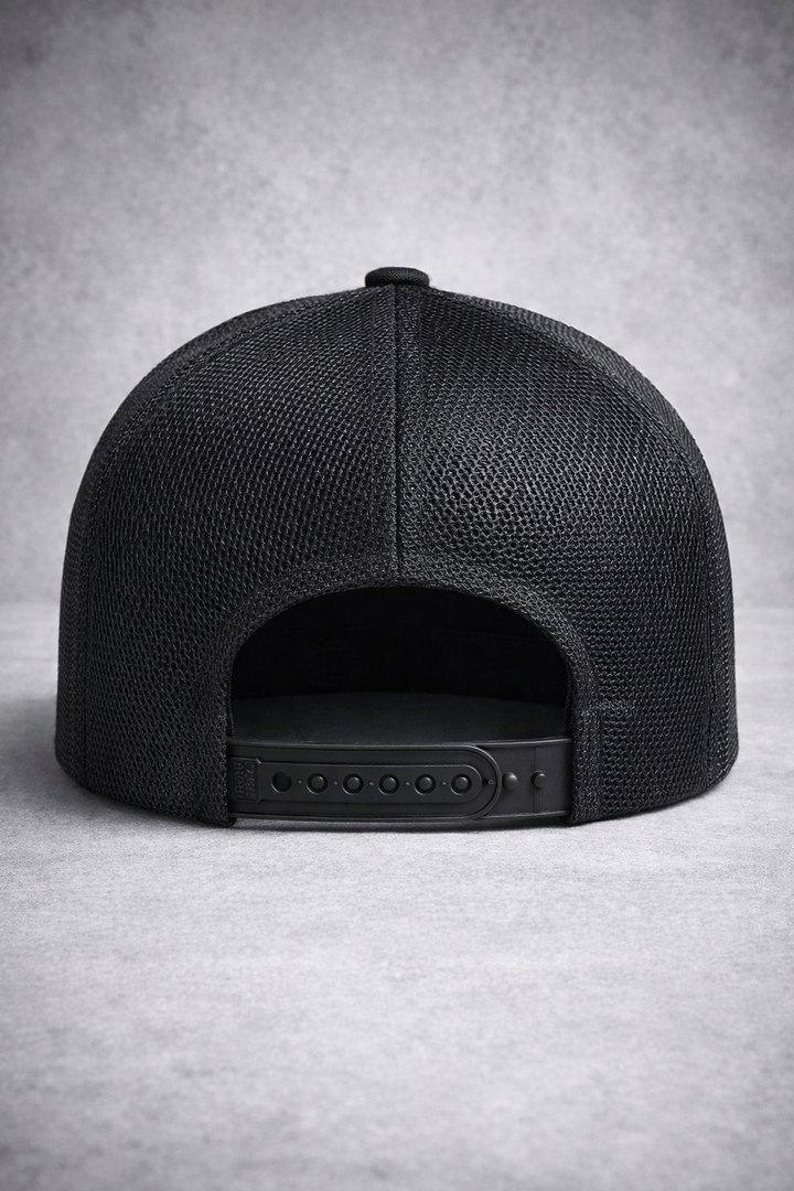 Black mesh cap on a gray background